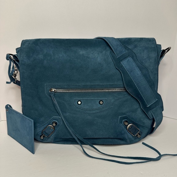 Balenciaga Handbags - Balenciaga Neo Folk Messenger Bag Teal Suede Studded shoulder strap crossbody